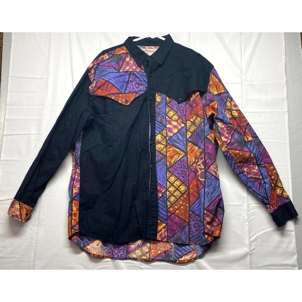 Vintage Saddlebrook Western Wear Shirt Men XL Black Cotton Patchwork Button Down